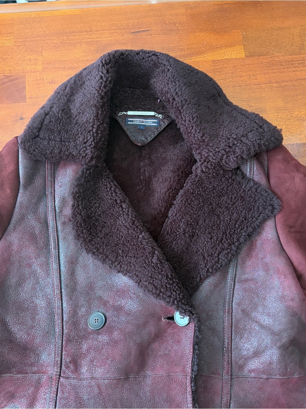 Tommy Hilfiger 100% Lambskin Leather Shearling Coat Women's S Burgundy Oxblood - Picture 3 of 11